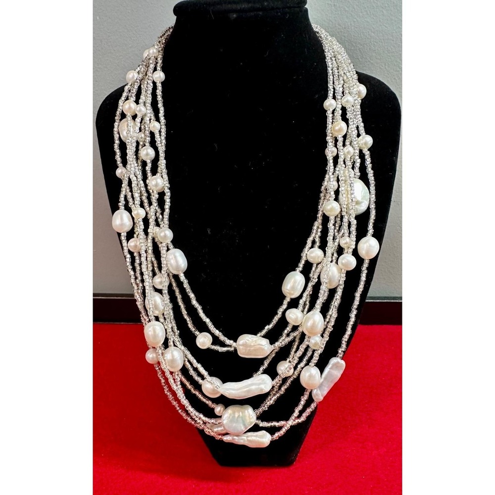 Multi Strand 8 Layer Pearl Necklace with Glass Beads Sterling Silver 925